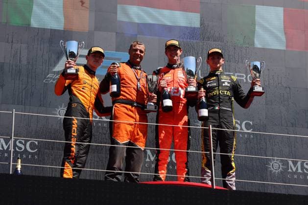 Richard Verschoor MP Motorsport, Formula 2 wins Feature Race, Alex Dunne Rodin Motorsport , Leonardo Fornaroli Invicta Racing , Podium, Grand Prix of Austria, Motorsport, Men, Formula 1, 29 06 2025 Spielberg Styria Austria Copyright: xkolbert-press AnnikaxGrafx