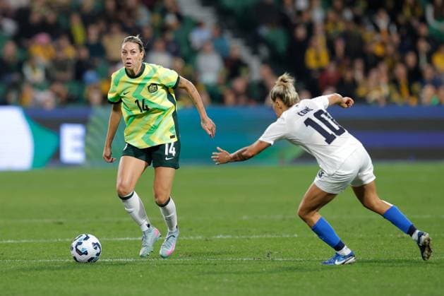 SOCCER AUSTRALIA SLOVENIA, Alanna Kennedy of of Australia under pressure from Dominika Conc of Slovenia during the Women s friendly international soccer match between Australia and Slovenia at HBF Park in Perth, Sunday, June 29, 2025. ( NO ARCHIVING, EDITORIAL USE ONLY PERTH WESTERN AUSTRALIA AUSTRALIA  Copyright: xRICHARDxWAINWRIGHTx 20250629197980502470