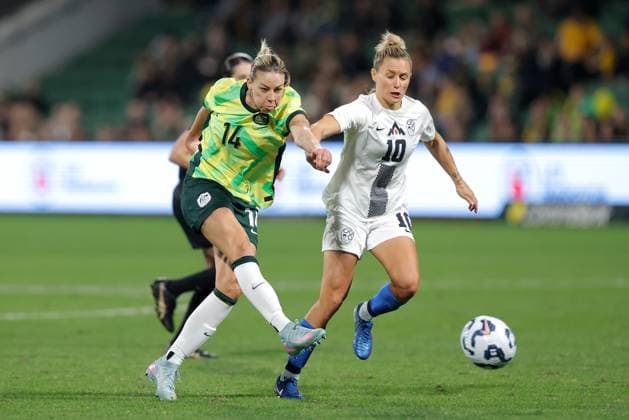 SOCCER AUSTRALIA SLOVENIA, Alanna Kennedy of of Australia has a shot on goalduring the Women s friendly international soccer match between Australia and Slovenia at HBF Park in Perth, Sunday, June 29, 2025. ( NO ARCHIVING, EDITORIAL USE ONLY PERTH WESTERN AUSTRALIA AUSTRALIA  Copyright: xRICHARDxWAINWRIGHTx 20250629189419605025