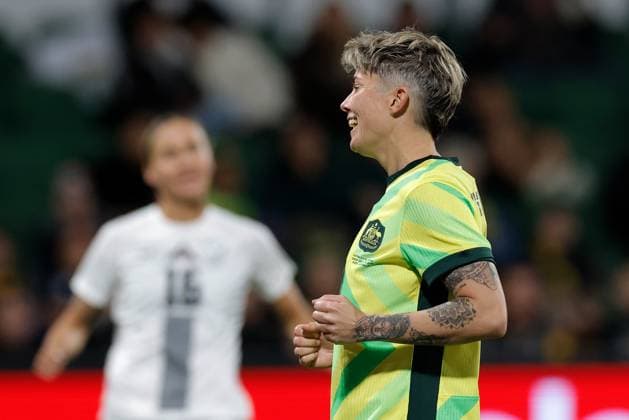 SOCCER AUSTRALIA SLOVENIA, Michelle Heyman of Australia celebrates after scoring a goal during the Women s friendly international soccer match between Australia and Slovenia at HBF Park in Perth, Sunday, June 29, 2025. ( NO ARCHIVING, EDITORIAL USE ONLY PERTH WESTERN AUSTRALIA AUSTRALIA  Copyright: xRICHARDxWAINWRIGHTx 20250629174161800700