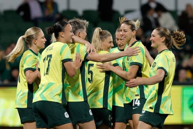 SOCCER AUSTRALIA SLOVENIA, Michelle Heyman of Australia is congratulated by teammates after scoring a goal during the Women s friendly international soccer match between Australia and Slovenia at HBF Park in Perth, Sunday, June 29, 2025. ( NO ARCHIVING, EDITORIAL USE ONLY PERTH WESTERN AUSTRALIA AUSTRALIA  Copyright: xRICHARDxWAINWRIGHTx 20250629133872387240