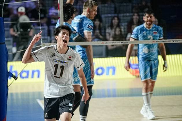 Volleyball, FIVB Nations League, Slowenien - Japan Volleyball - FIVB Men s Volleyball Nations League - Slovenia - Bulgaria - 29.06.2025 Shoma Tomita celebrates a point against Slovenia during Mens Volleyball Nations League in Burgas, VNL Bulgaria Copyright: xYulianxTodorovx