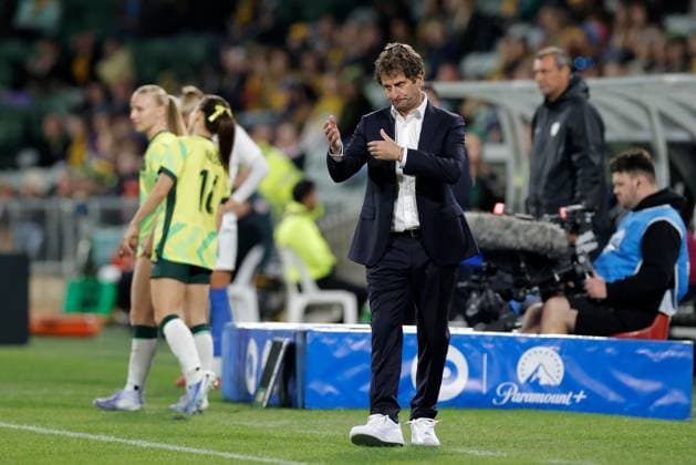 SOCCER AUSTRALIA SLOVENIA, Joe Montemurro, head coach of of Australia is seen during the Women s friendly international soccer match between Australia and Slovenia at HBF Park in Perth, Sunday, June 29, 2025. ( NO ARCHIVING, EDITORIAL USE ONLY PERTH WESTERN AUSTRALIA AUSTRALIA  Copyright: xRICHARDxWAINWRIGHTx 20250629137552603794