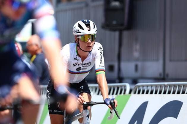 Belgian Lotte Kopecky of SD Worx-Protime crosses the finish line of the women s elite road race of the Belgian Cycling Championships, 132,8 km from and to the Grand Place square in Binche on Sunday 29 June 2025. DAVIDxPINTENS  x128053535x