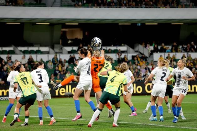 SOCCER AUSTRALIA SLOVENIA, Melania Pasar of Slovenia makes a save during the Women s friendly international soccer match between Australia and Slovenia at HBF Park in Perth, Sunday, June 29, 2025. ( NO ARCHIVING, EDITORIAL USE ONLY PERTH WESTERN AUSTRALIA AUSTRALIA  Copyright: xRICHARDxWAINWRIGHTx 20250629130004909206