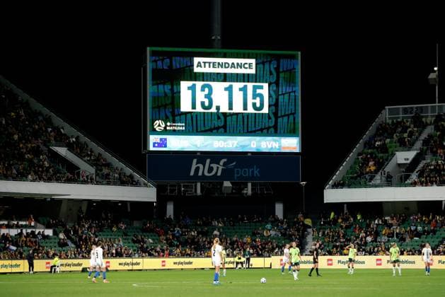 SOCCER AUSTRALIA SLOVENIA, A sign displays a crowd attendance of 13,115 during the Women s friendly international soccer match between Australia and Slovenia at HBF Park in Perth, Sunday, June 29, 2025. ( NO ARCHIVING, EDITORIAL USE ONLY PERTH WESTERN AUSTRALIA AUSTRALIA  Copyright: xRICHARDxWAINWRIGHTx 20250629190770203706