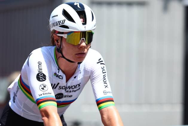 Belgian Lotte Kopecky of SD Worx-Protime crosses the finish line of the women s elite road race of the Belgian Cycling Championships, 132,8 km from and to the Grand Place square in Binche on Sunday 29 June 2025. DAVIDxPINTENS  x128053613x