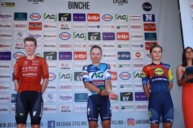 Belgian Fien Van Eynde of Fenix-Deceuninck Development Team, Belgian Justine Ghekiere of AG Insurance-Soudal Team and Belgian Fleur Moors of Lidl-Trek pictured on the podium after the women s elite road race of the Belgian Cycling Championships, 132,8 km from and to the Grand Place square in Binche on Sunday 29 June 2025. DAVIDxPINTENS  x128053744x