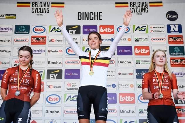 Belgian 2025 National Championship Binche 29 06 2025 BINCHE, BELGIUM - JUNE 29 : BOELS Dina of Lotto Ladies winning the Women Elite U23 cycling road race of the Belgian National Championships 2025 an UCI National Championships cycling race of 132,8 km with start in Binche and finish in Binche on June 29, 2025 in Binche, Belgium, 29 06 2025 Binche Belgium  Copyright: xMarcxGoyvaertsx