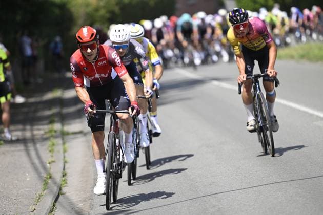 Belgian Jasper De Buyst of Lotto Cycling Team pictured in action during the men s elite road race of the Belgian Cycling Championships, 230km from and to the Grand Place square in Binche on Sunday 29 June 2025. POOLxNICOxVEREECKEN  x128057499x
