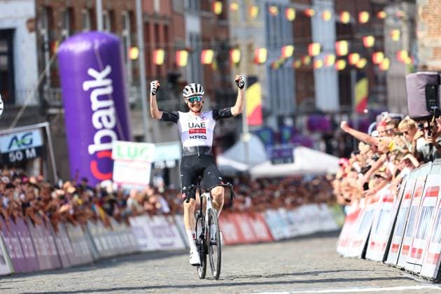 Belgian Tim Wellens of UAE Team Emirates celebrates as he wins the men s elite road race of the Belgian Cycling Championships, 230km from and to the Grand Place square in Binche on Sunday 29 June 2025. DAVIDxPINTENS  x128060544x
