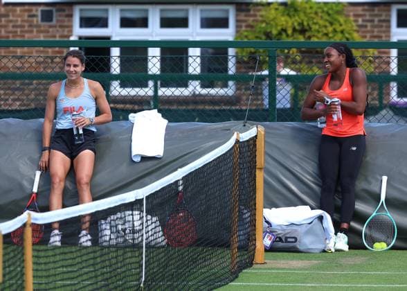 29th June 2025; All England Lawn Tennis and Croquet Club, London, England; Wimbledon Tennis Tournament, Practice Day; Emma Navarro (USA) taking a rest alongside Coco Gauff (USA) on the Aorangi courts  ActionPlus12806772 JohnxPatrickxFletcher