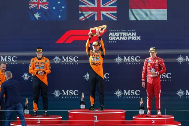 Oscar Piastri McLaren Formula 1 Team, 81 , Lando Norris McLaren Formula 1 Team, 04 , Charles Leclerc Scuderia Ferrari HP, 16 , Austrian Grand Prix, Motorsport, Formula 1, 2025 season, 29 06 2025 Austrian Grand Prix, Motorsport, Formula 1, 2025 season, 29 06 2025 Copyright: xEibner-Pressefoto AlexanderxNeisx EP_ANS