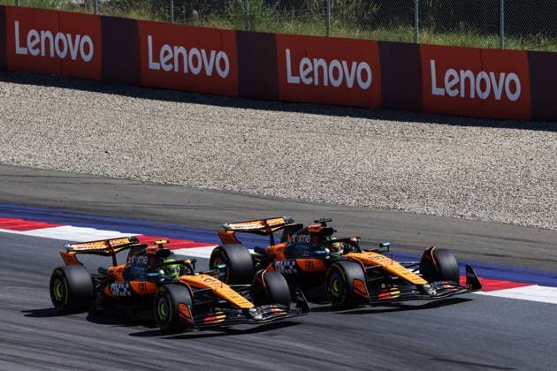 F1 - AUSTRIAN GRAND PRIX 2025 04 NORRIS Lando (gbr), McLaren F1 Team MCL39, action and 81 PIASTRI Oscar (aus), McLaren F1 Team MCL39, action during the Formula 1 MSC Cruises Austrian Grand Prix 2025, 11th round of the 2025 FIA Formula One World Championship, WM, Weltmeisterschaft from June 27 to 29, 2025 on the Red Bull Ring, in Spielberg, Austria - SpielbergAustria Copyright: xFLORENTxGOODENx