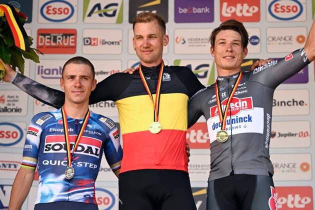 Belgian 2025 National Championship Binche 29 06 2025 BINCHE, BELGIUM - JUNE 29 : Evenepoel Remco of Soudal Quick-Step, Wellens Tim of Uae Team Emirates - Xrg and Philipsen Jasper of Alpecin - Deceuninck pictured during the podium ceremony of the Men Elite cycling road race of the Belgian National Championships 2025 an UCI National Championships cycling race of 230 km with start in Binche and finish in Binche on June 29, 2025 in Binche, Belgium, 29 06 2025 Binche Belgium  Copyright: xNicoxVereeckenx