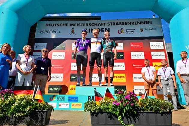 Georg ZIMMERMANN Award Ceremony Road Race Men Elite Cycling DM 2025 Georg ZIMMERMANN IntermarchÃ Wanty German Champion ahead of Felix ENGELHARDT Team Jayco AlUla and Anton SCHIFFER BIKE AID Award Ceremony Road Race Men Elite German Cycling Championship 2025 Cycling DM June 27, 2025 German Road Championship Kaiserslautern, Ramstein, Linden