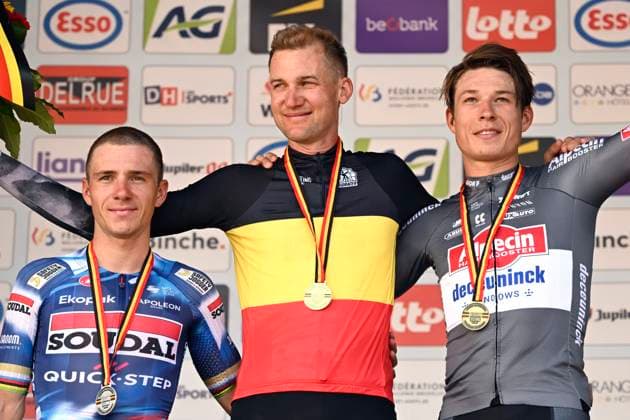 Belgian 2025 National Championship Binche 29 06 2025 BINCHE, BELGIUM - JUNE 29 : Evenepoel Remco of Soudal Quick-Step, Wellens Tim of Uae Team Emirates - Xrg and Philipsen Jasper of Alpecin - Deceuninck pictured during the podium ceremony of the Men Elite cycling road race of the Belgian National Championships 2025 an UCI National Championships cycling race of 230 km with start in Binche and finish in Binche on June 29, 2025 in Binche, Belgium, 29 06 2025 Binche Belgium  Copyright: xNicoxVereeckenx