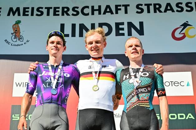Georg ZIMMERMANN Award Ceremony Road Race Men Elite Cycling DM 2025 Georg ZIMMERMANN IntermarchÃ Wanty German Champion ahead of Felix ENGELHARDT Team Jayco AlUla and Anton SCHIFFER BIKE AID Award Ceremony Road Race Men Elite German Cycling Championship 2025 Cycling DM June 27, 2025 German Road Championship Kaiserslautern, Ramstein, Linden