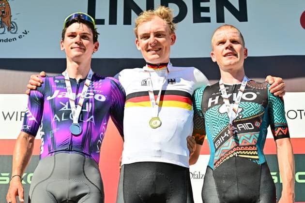 Georg ZIMMERMANN Award Ceremony Road Race Men Elite Cycling DM 2025 Georg ZIMMERMANN IntermarchÃ Wanty German Champion ahead of Felix ENGELHARDT Team Jayco AlUla and Anton SCHIFFER BIKE AID Award Ceremony Road Race Men Elite German Cycling Championship 2025 Cycling DM June 27, 2025 German Road Championship Kaiserslautern, Ramstein, Linden