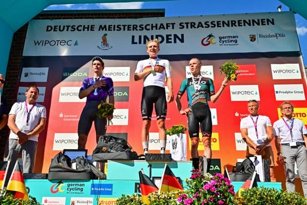 Georg ZIMMERMANN, Felix ENGELHARDT, Anton SCHIFFER Award ceremony Road Race Men Elite Cycling DM 2025 Georg ZIMMERMANN IntermarchÃ Wanty German Champion ahead of Felix ENGELHARDT Team Jayco AlUla and Anton SCHIFFER BIKE AID Award ceremony Road Race Men Elite German Cycling Championship 2025 Cycling DM 27 June 2025 German Road Championships Kaiserslautern, Ramstein, Linden