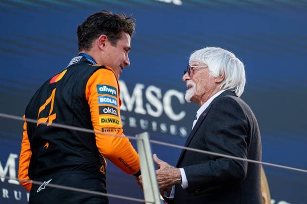 Lando Norris McLaren Formula 1 Team, Great Britain, 04 celebrates victory on the podium at the award ceremony and receives the FIA gold medal from Bernie Ecclestone ex F1 boss , AUT, Formula 1 World Championship, MSC Cruises Grand Prix of Austria, Red Bull Ring Spielberg, Race, Season 2025, 29 06 2025 AUT, Formula 1 World Championship, MSC Cruises Grand Prix of Austria, Red Bull Ring Spielberg, Race, Season 2025, 29 06 2025 Spielberg Copyright: xEibner-Pressefoto Memmlerx EP_MMR