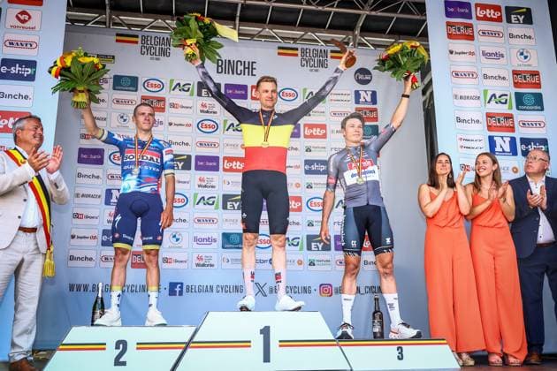 Belgian Remco Evenepoel of Soudal Quick-Step, Belgian Tim Wellens of UAE Team Emirates and Belgian Jasper Philipsen of Alpecin-Deceuninck pictured on the podium after the men s elite road race of the Belgian Cycling Championships, 230km from and to the Grand Place square in Binche on Sunday 29 June 2025. DAVIDxPINTENS  x128062349x