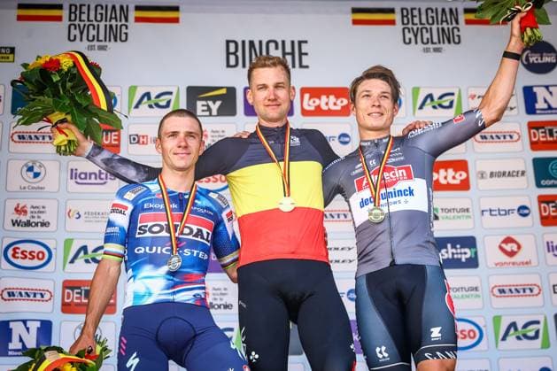 Belgian Remco Evenepoel of Soudal Quick-Step, Belgian Tim Wellens of UAE Team Emirates and Belgian Jasper Philipsen of Alpecin-Deceuninck pictured on the podium after the men s elite road race of the Belgian Cycling Championships, 230km from and to the Grand Place square in Binche on Sunday 29 June 2025. DAVIDxPINTENS  x128062357x