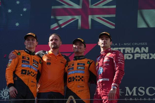 Formula 1 Grand Prix of Austria 2025 29 06 2025, Red Bull Ring, Spielberg, Formula 1 Grand Prix of Austria 2025 , in the picture winner Lando Norris GBR , McLaren F1 Team, 2nd place for Oscar Piastri AUS , 3rd place for Charles Leclerc MCO , Scuderia Ferrari HP nordphotoxGmbHx xBratic nph00250
