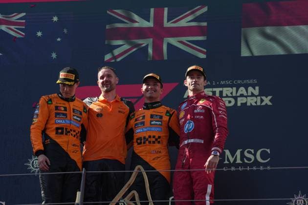 Formula 1 Grand Prix of Austria 2025 29 06 2025, Red Bull Ring, Spielberg, Formula 1 Grand Prix of Austria 2025 , in the picture winner Lando Norris GBR , McLaren F1 Team, 2nd place for Oscar Piastri AUS , 3rd place for Charles Leclerc MCO , Scuderia Ferrari HP nordphotoxGmbHx xBratic nph00250