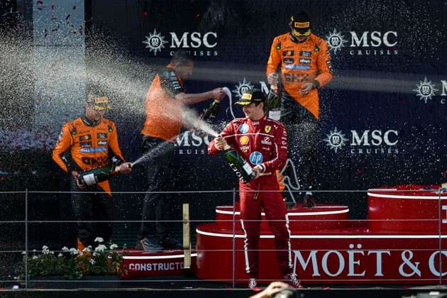 F1 - AUSTRIAN GRAND PRIX 2025 LECLERC Charles (mco), Scuderia Ferrari SF-25, portrait PIASTRI Oscar (aus), McLaren F1 Team MCL39, portrait NORRIS Lando (gbr), McLaren F1 Team MCL39, portrait podium during the Formula 1 MSC Cruises Austrian Grand Prix 2025, 11th round of the 2025 FIA Formula One World Championship, WM, Weltmeisterschaft from June 27 to 29, 2025 on the Red Bull Ring, in Spielberg, Austria - SpielbergAustria Copyright: xXavixBonillax