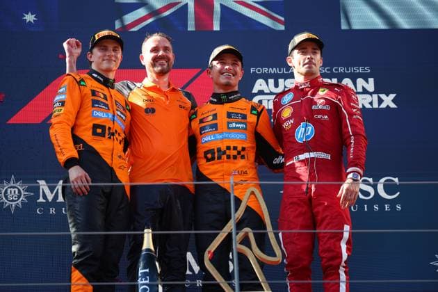 F1 Gran Prix of Austria Lando Norris and Oscar Piastri of McLaren and Charles Leclerc of Scuderia Ferrari celebrate on the podium at the end of F1 Grand Prix of Austria at Redbull Ring on June 29 2025 in Spielberg, Austria. Spielberg Redbull Ring Austria Copyright: xBasilex
