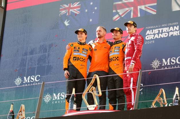 Formula 1 Austrian Grand Prix 2025 Formula 1 Austrian Grand Prix 2025 Red Bull Ring June 27 29, 2025 FIA Formula 1 World Championship Austrian Grand Prix 2025 In the picture Podium 1 Lando Norris GBR 2 Oscar Piastri AUS 3 Charles Leclerc MCO Copyright: xBEAUTIFULxSPORTS Bernhardtx