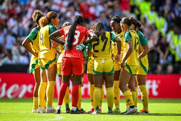 29th June 2025; King Power Stadium, Leicester, England; Womens International Football Friendly, England versus Jamaica; Jamaica regroup after conceding the opening goal in the 10th minute scored by Ella Toone of England  ActionPlus12806969 GodfreyxPitt