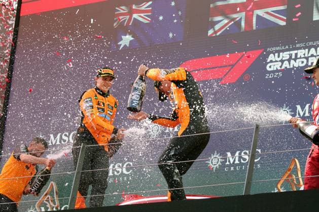 Formula 1 Grand Prix of Austria 2025 Formula 1 Grand Prix of Austria 2025 Red Bull Ring June 27 29, 2025 FIA Formula 1 World Championship Grand Prix of Austria 2025 In the picture Champagne shower Lando Norris GBR and Oscar Piastri AUS Copyright: xBEAUTIFULxSPORTS Bernhardtx