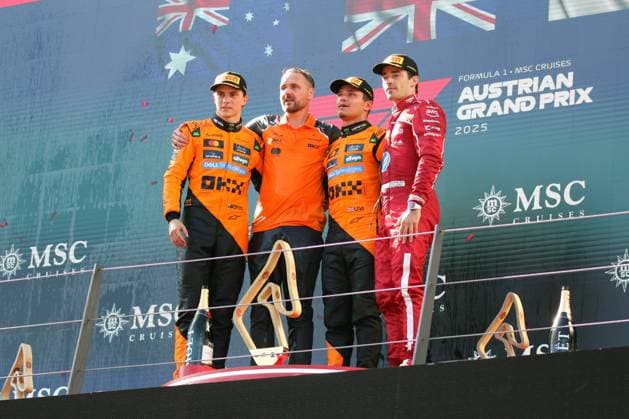 Formula 1 Austrian Grand Prix 2025 Formula 1 Austrian Grand Prix 2025 Red Bull Ring June 27 29, 2025 FIA Formula 1 World Championship Austrian Grand Prix 2025 In the picture Podium 1 Lando Norris GBR 2 Oscar Piastri AUS 3 Charles Leclerc MCO Copyright: xBEAUTIFULxSPORTS Bernhardtx