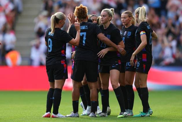 Leicester, England, 29th June 2025. Alessia Russo of England Women celebrates with her team mates after scoring a goal to make it 5-0 during the England Women vs Jamaica Women International Friendly, Länderspiel, Nationalmannschaft match at the King Power Stadium, Leicester. Picture credit should read: James Baylis Sportimage EDITORIAL USE ONLY. No use with unauthorised audio, video, data, fixture lists, club league logos or live services. Online in-match use limited to 120 images, no video emulation. No use in betting, games or single club league player publications. SPI_015_JB_Eng_Jam SPI-3998-0015