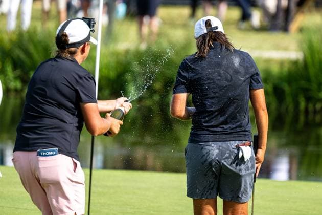 LET Golf Amundi German Masters Green Eagle Golf Courses, Hamburg Germany Winsen Luhe , Germany, 28 06 25 LET Golf Amundi German Masters, Women, Green Eagle Golf Courses, Hamburg Germany Photo by Axel Kaste Shannon Tan Singapore, right winner splashed with champagne Winsen Luhe Green Eagle Golf courses, Winsen Luhe , Hamburg Germany Gofl German Masters, 28.06.25 -3482