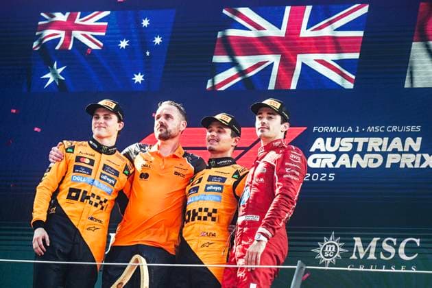 F1 Grand Prix of Austria 81 Oscar Piastri, 4 Lando Norris, and 16 Charles Leclerc celebrate the final podium during the FIA Formula One World Championship, WM, Weltmeisterschaft F1 Austria Grand Prix in Spielberg, Austria, on June 29, 2025. Spielberg Austria  Copyright: xLucaxBarsalix originalFilename:barsali-notitle250629_npdI9.jpg