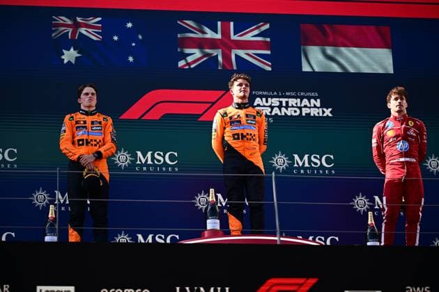 F1 Grand Prix of Austria Oscar Piastri of the McLaren F1 Team, Lando Norris of the McLaren F1 Team, and Charles Leclerc of Scuderia Ferrari celebrate after the race during the 12th round of the Formula 1 World Championship, WM, Weltmeisterschaft in Spielberg, Styria, Austria, on June 29, 2025. Spielberg Styria Austria  Copyright: xAndreaxDiodatox originalFilename:diodato-formula1250628_npSFj.jpg