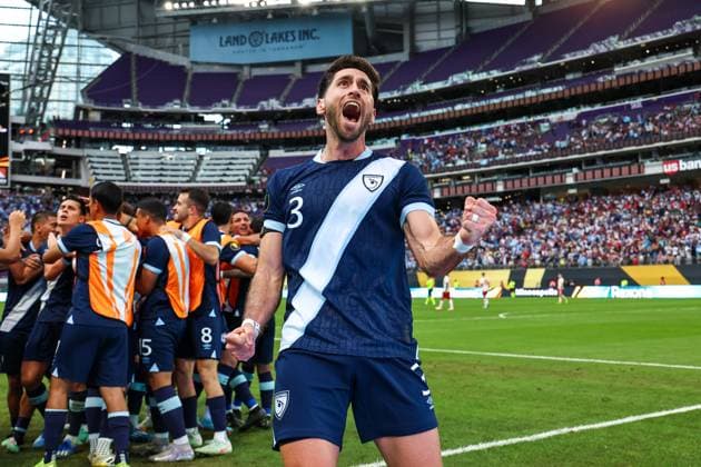 June 29th, 2025: Guatemala defender Nicolas Samayoa (3) celebrates after a goal by Guatemala forward Rubio Mendez (9) during a CONCACAF Gold Cup quarterfinals soccer match between The United States and Costa Rica at US Bank Stadium in Minneapolis, MN. -CSM Minneapolis USA - ZUMAc04_ 20250629_zma_c04_282 Copyright: xStevenxGarciax