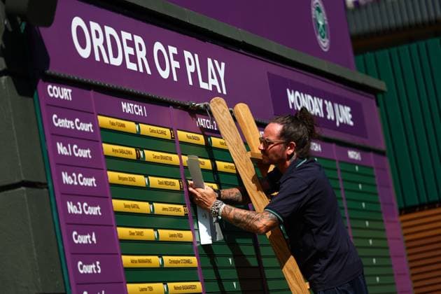 Members of staff adjust the Order of Play Wimbledon Tennis Championships, Day 1, The All England Lawn Tennis and Croquet Club, London, UK - 30 Jun 2025London The All England Lawn Tennis and United Kingdom  Copyright: xJamesxMarsh Shutterstockx 15378842v