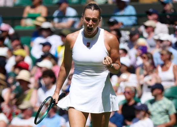 Wimbledon Championships 2025 AELTC, Day One, London, UK - 30 06 2025 Aryna Sabalenka celebrates during her first round match against Carson Branstine (CAN) in the 2025 Wimbledon Championships London Wimbledon London GBR, UK NEWSPAPERS OUT Copyright: xMarkxGreenwoodx