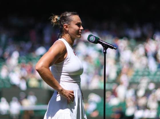 Wimbledon Championships 2025 AELTC, Day One, London, UK - 30 06 2025 Aryna Sabalenka with the post match interview following her first round win over Carson Branstine (CAN) in the 2025 Wimbledon Championships London Wimbledon London GBR, UK NEWSPAPERS OUT Copyright: xMarkxGreenwoodx