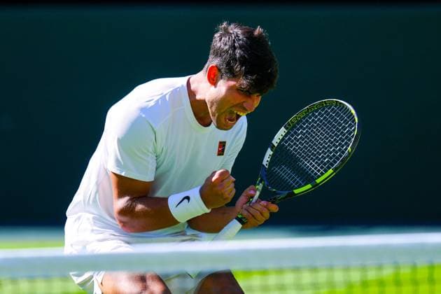 Carlos Alcaraz celebrates during his first round match Wimbledon Tennis Championships, Day 1, The All England Lawn Tennis and Croquet Club, London, UK - 30 Jun 2025London The All England Lawn Tennis and United Kingdom  Copyright: xJavierxGarcia Shutterstockx 15378843gf