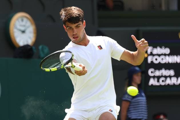 June 30, 2025, London, Celestynow, England: CARLOS ALCARAZ of Spain during the match against F. Fognini of Italy in the first round of Championships 2025 at Wimbledon AELTC in London. London England - ZUMAc278 20250630_zsp_c278_012 Copyright: xMarcinxCholewinskix