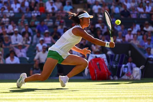 Mimi Xu falls during her first round match Wimbledon Tennis Championships, Day 1, The All England Lawn Tennis and Croquet Club, London, UK - 30 Jun 2025London The All England Lawn Tennis and United Kingdom  Copyright: xJamesxMarsh Shutterstockx 15378842ez