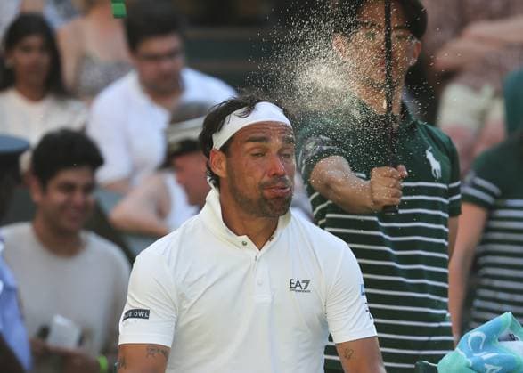 30th June 2025; All England Lawn Tennis and Croquet Club, London, England; Wimbledon Tennis Tournament, Day 1; Fabio Fognini (ITA) spraying water from his mouth during a break in the heatwave  ActionPlus12807301 JohnxPatrickxFletcher