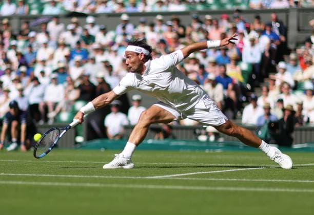 Wimbledon Championships 2025 AELTC, Day One, London, UK - 30 06 2025 Fabio Fognini (ITA) in action during his first round match against Carlos Alcaraz (ESP) in the 2025 Wimbledon Championships London Wimbledon London GBR, UK NEWSPAPERS OUT Copyright: xMarkxGreenwoodx