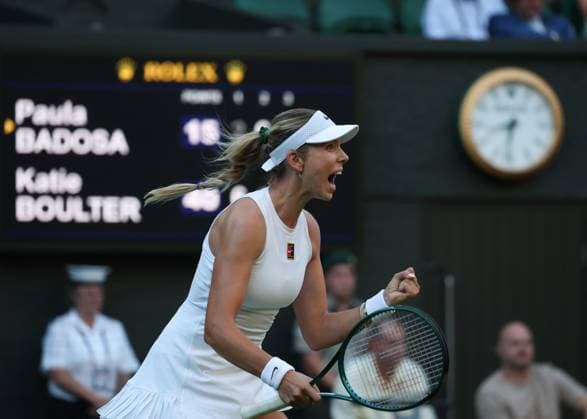 30th June 2025; All England Lawn Tennis and Croquet Club, London, England; Wimbledon Tennis Tournament, Day 1; Katie Boulter (GBR) celebrates on Centre Court after defeating Paula Badosa (ESP) by two sets to one to reach the second round  ActionPlus12807322 JohnxPatrickxFletcher