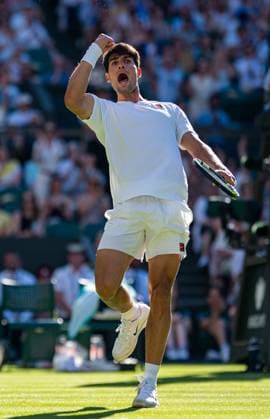 Tennis - Wimbledon Championship 2025 - Day 1 LONDON, ENGLAND - Monday, June 30, 2025: Carlos Alcaraz (ESP) celebrates during the Gentlemen s Singles 1st Round on Day One of The Championships Wimbledon 2025 at the All England Lawn Tennis and Croquet Club. Alcaraz won 7-5 6-7(5) 7-5 2-6 6-1. (Photo by Kirsten Holst Propaganda) LONDON All England Lawn Tennis and Croquet Club GREATER LONDON ENGLAND  Copyright: xKirstenxHolstx 2025-06-30-026-Wimbledon_Day_1